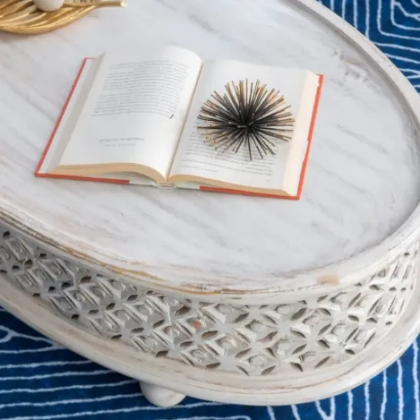 Coffee Tables-Kirkland's Home Carved Lattice Wood Oval Coffee Table White