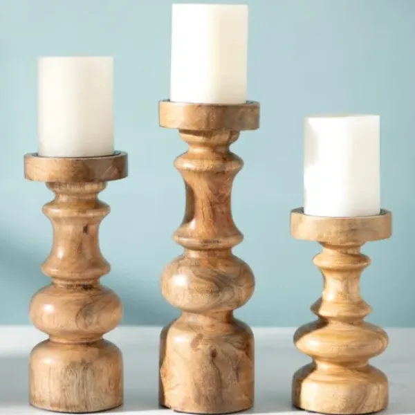 Candle Holders-Kirkland's Home Carved Natural Mango Wood Candle Holder, 10 In. Brown