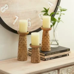 Candle Holders-Kirkland's Home Carved Triangles Wood Candle Holders, Set Of 3 Brown