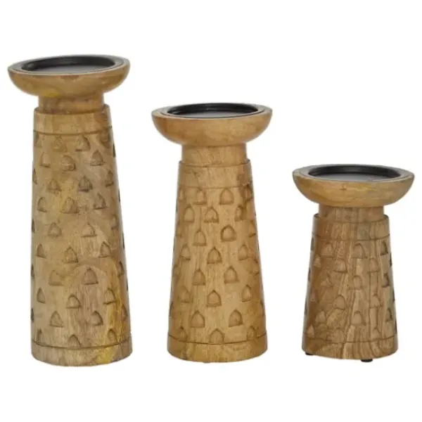 Candle Holders-Kirkland's Home Carved Triangles Wood Candle Holders, Set Of 3 Brown