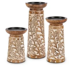 Candle Holders-Kirkland's Home Carved Wood Floral Pillar Candle Holders, Set Of 3 Brown/White