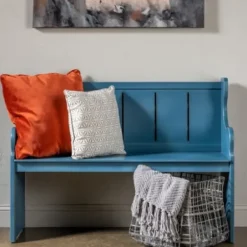 Entryway Furniture-Kirkland's Home Carved Wood Pew Bench Blue