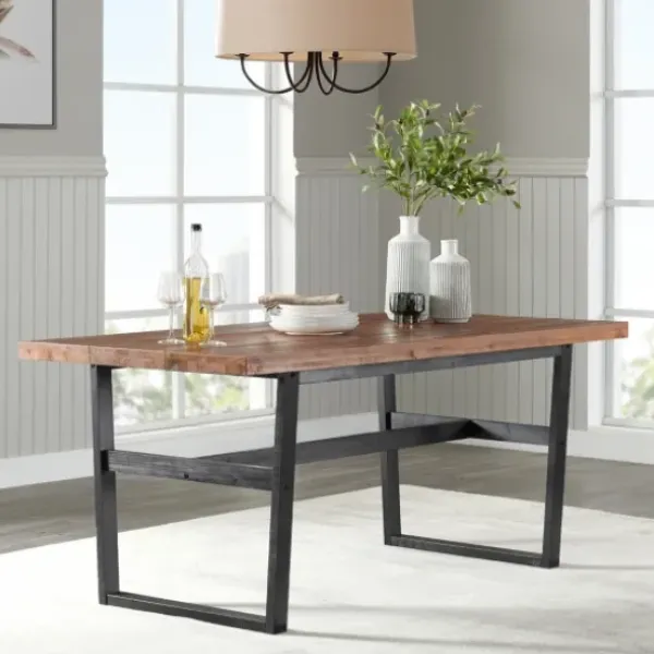 Dining Tables-Kirkland's Home Cedar Wood And Black Metal Dining Table Brown
