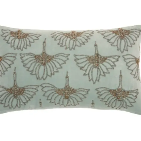 Pillows-Kirkland's Home Celadon Beaded Floral Motif Lumbar Pillow Blue