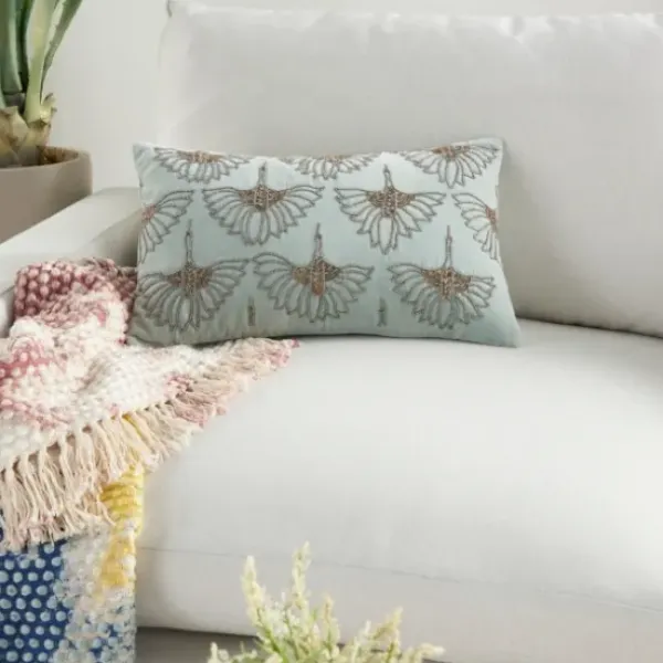 Pillows-Kirkland's Home Celadon Beaded Floral Motif Lumbar Pillow Blue