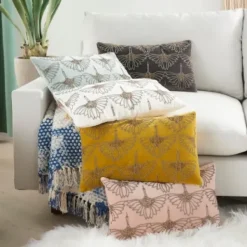 Pillows-Kirkland's Home Celadon Beaded Floral Motif Lumbar Pillow Blue