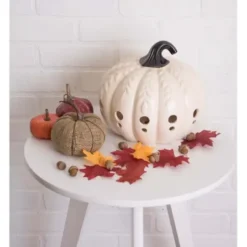 Lanterns-Kirkland's Home Ceramic Leaf Pre-Lit Pumpkin Lantern White