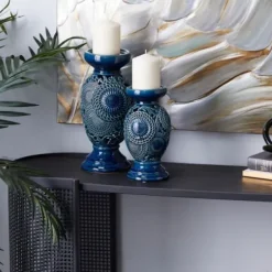 Candle Holders-Kirkland's Home Ceramic Tiered Base Candle Holders, Set Of 2 Blue