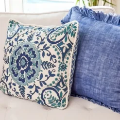 Pillows-Kirkland's Home Chambray Ruffle Navy Throw Pillow Blue