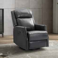 Accent Chairs-Kirkland's Home Charcoal Genuine Leather Swivel Recliner Black