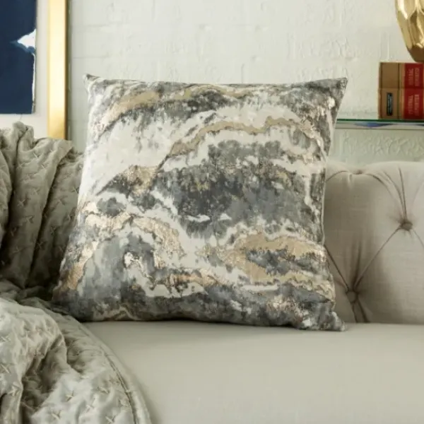 Pillows-Kirkland's Home Charcoal Metallic Marble Swirl Throw Pillow Gold/Gray/White