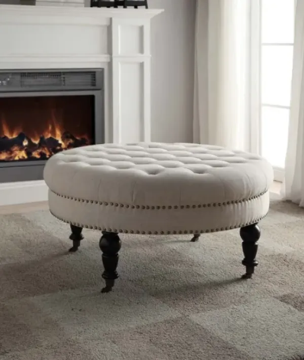 Benches & Ottomans-Kirkland's Home Charlotte Tufted Round Natural Ottoman White