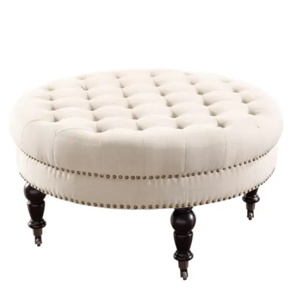 Benches & Ottomans-Kirkland's Home Charlotte Tufted Round Natural Ottoman White