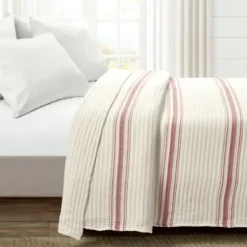 Quilts-Kirkland's Home Cherry Red Pick Stitch Stripe Queen Quilt Red/White