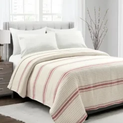 Quilts-Kirkland's Home Cherry Red Pick Stitch Stripe King Quilt Red/White