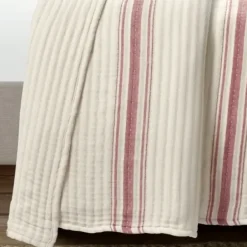 Quilts-Kirkland's Home Cherry Red Pick Stitch Stripe King Quilt Red/White