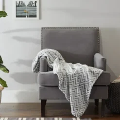 Blankets & Throws-Kirkland's Home Chevron Plush Throw Gray