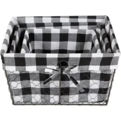 Baskets & Boxes-Kirkland's Home Chicken Wire And Buffalo Check Baskets, Set Of 3 Black/White