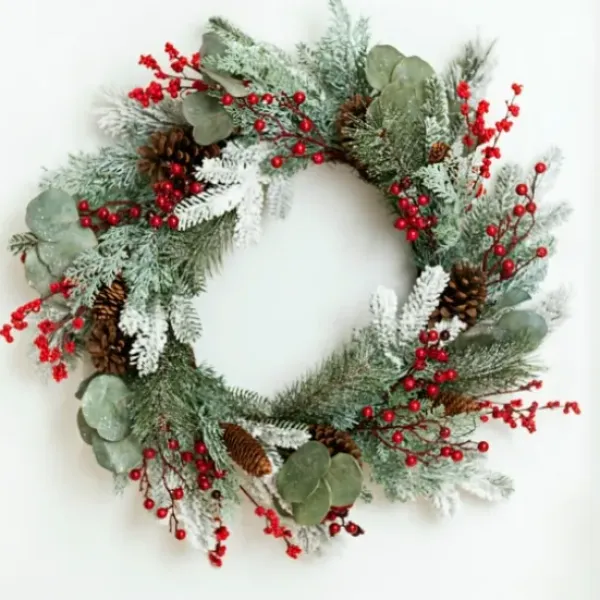 Wreaths-Kirkland's Home Chilled Eucalyptus And Pineberry Wreath Green/Red/White