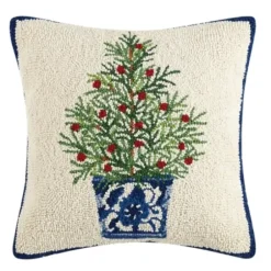 Pillows-Kirkland's Home Chinoiserie Tree Blue Trim Wool Christmas Pillow Ivory/Blue/Green