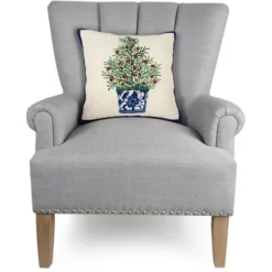 Pillows-Kirkland's Home Chinoiserie Tree Blue Trim Wool Christmas Pillow Ivory/Blue/Green