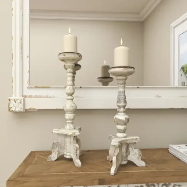 Candle Holders-Kirkland's Home Chipped Wood Pillar Candle Holders, Set Of 2 White