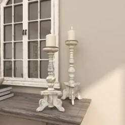 Candle Holders-Kirkland's Home Chipped Wood Pillar Candle Holders, Set Of 2 White