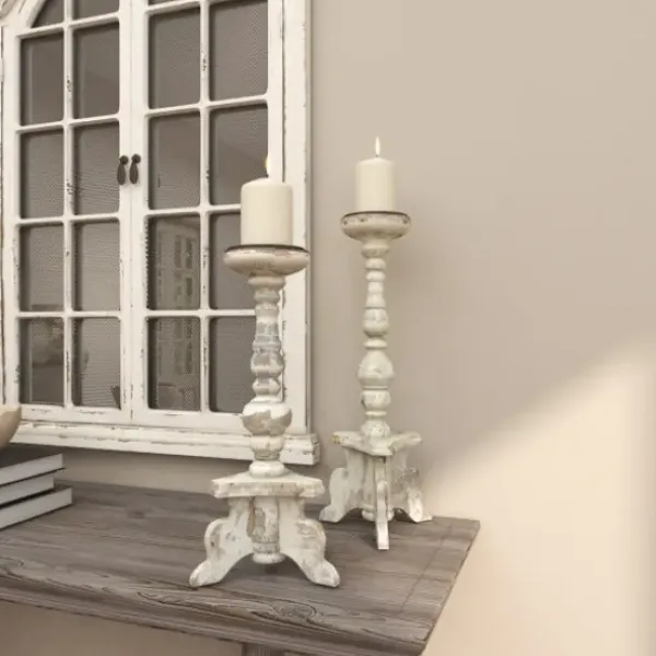 Candle Holders-Kirkland's Home Chipped Wood Pillar Candle Holders, Set Of 2 White