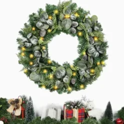 Wreaths-Kirkland's Home Christmas Eucalyptus Pine Mix Pre-Lit Wreath Green