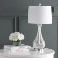 Table Lamps-Kirkland's Home Clear Glass And Silver Metal Base Table Lamp White