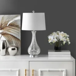Table Lamps-Kirkland's Home Clear Glass And Silver Metal Base Table Lamp White