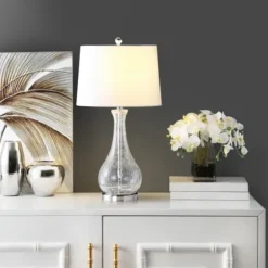 Table Lamps-Kirkland's Home Clear Glass And Silver Metal Base Table Lamp White