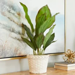 Arrangements & Greenery-Kirkland's Home Coastal Foliage In Woven Bamboo Planter Green/White