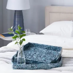 Decorative Trays-Kirkland's Home Coastal Wood And Oyster Shell Trays, Set Of 2 Blue