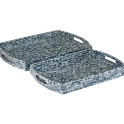 Decorative Trays-Kirkland's Home Coastal Wood And Oyster Shell Trays, Set Of 2 Blue