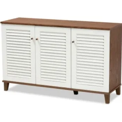 Entryway Furniture-Kirkland's Home Collier Two-Tone 3-Door Shoe Storage Cabinet Brown/White