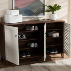 Entryway Furniture-Kirkland's Home Collier Two-Tone 3-Door Shoe Storage Cabinet Brown/White