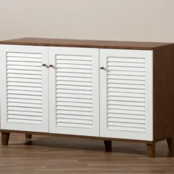 Entryway Furniture-Kirkland's Home Collier Two-Tone 3-Door Shoe Storage Cabinet Brown/White