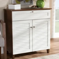 Entryway Furniture-Kirkland's Home Collier Two-Tone Drawer Shoe Storage Cabinet White/Brown