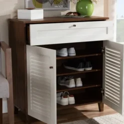 Entryway Furniture-Kirkland's Home Collier Two-Tone Drawer Shoe Storage Cabinet White/Brown