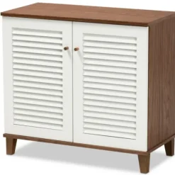 Entryway Furniture-Kirkland's Home Collier Two-Tone Slatted Shoe Storage Cabinet