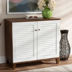 Entryway Furniture-Kirkland's Home Collier Two-Tone Slatted Shoe Storage Cabinet