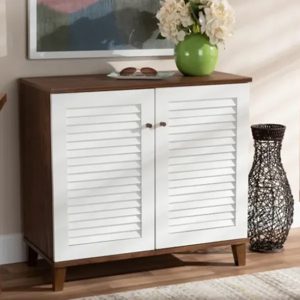 Entryway Furniture-Kirkland's Home Collier Two-Tone Slatted Shoe Storage Cabinet