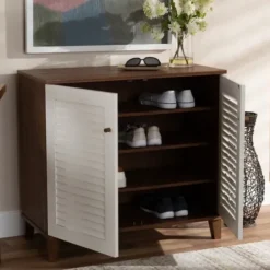 Entryway Furniture-Kirkland's Home Collier Two-Tone Slatted Shoe Storage Cabinet