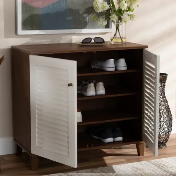Entryway Furniture-Kirkland's Home Collier Two-Tone Slatted Shoe Storage Cabinet