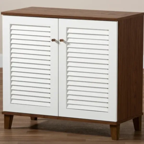 Entryway Furniture-Kirkland's Home Collier Two-Tone Slatted Shoe Storage Cabinet
