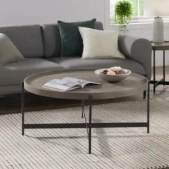 Coffee Tables-Kirkland's Home Concrete Round Tray Top Coffee Table Gray/Black