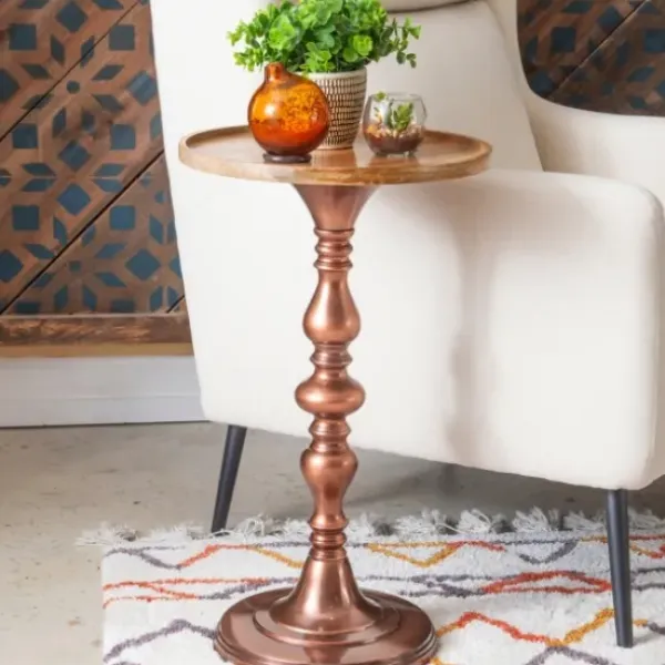 Accent & End Tables-Kirkland's Home Copper Plated Accent Table With Mango Wood Top Brown