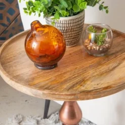 Accent & End Tables-Kirkland's Home Copper Plated Accent Table With Mango Wood Top Brown