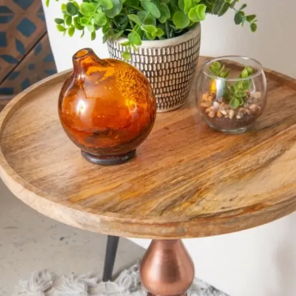Accent & End Tables-Kirkland's Home Copper Plated Accent Table With Mango Wood Top Brown